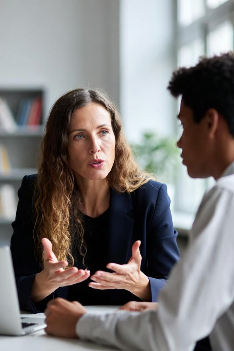 A careers adviser talks with a student across a table in a school office, a laptop beside them.